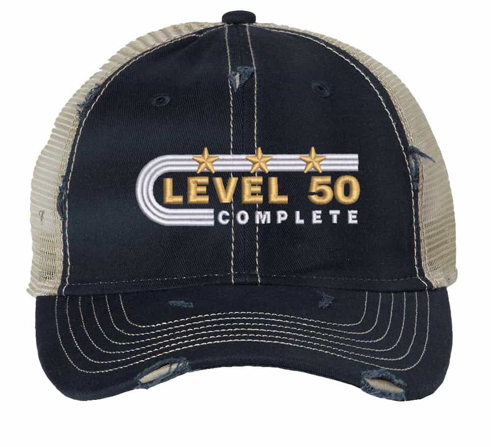 Distressed Level 50 Complete trucker hat with mesh back - gold anniversary cap for 50th wedding gift