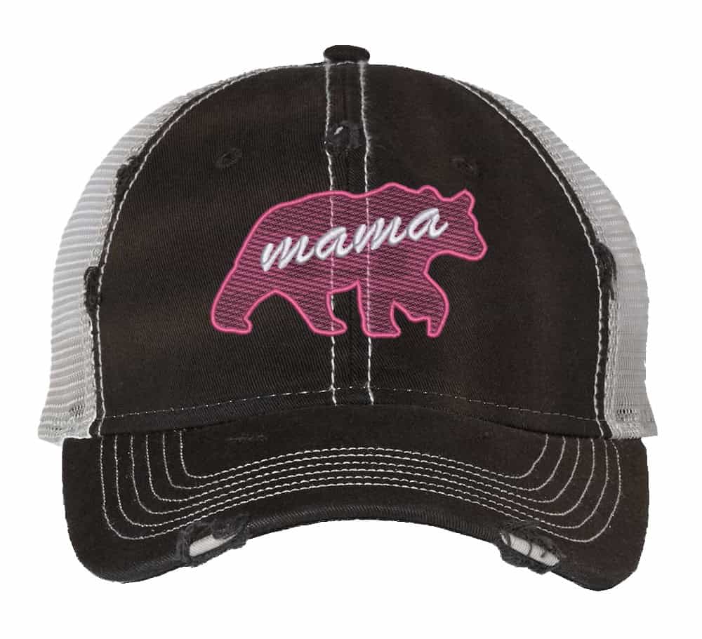 Distressed trucker hat with mesh back and strapback featuring embroidered bear and "Mama" design, perfect gift for Mother’s Day.