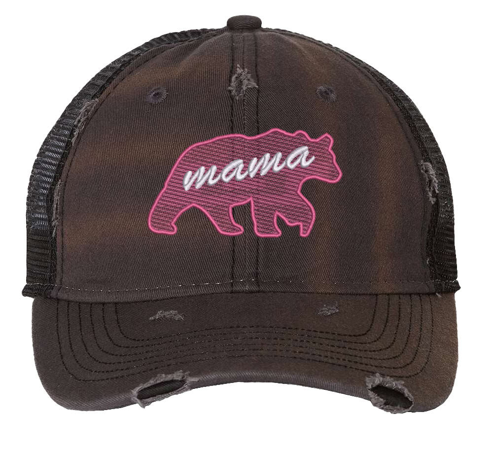 Distressed trucker hat with mesh back and strapback featuring embroidered bear and "Mama" design, perfect gift for Mother’s Day.