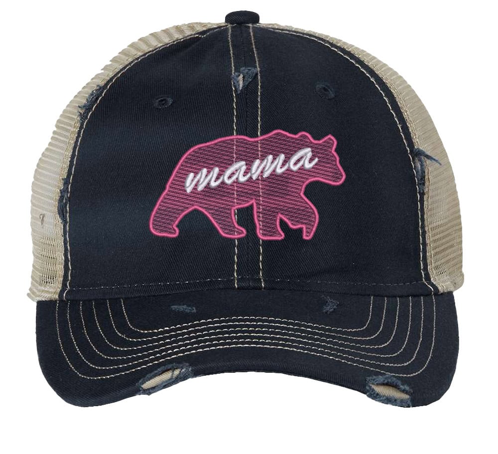 Distressed trucker hat with mesh back and strapback featuring embroidered bear and "Mama" design, perfect gift for Mother’s Day.