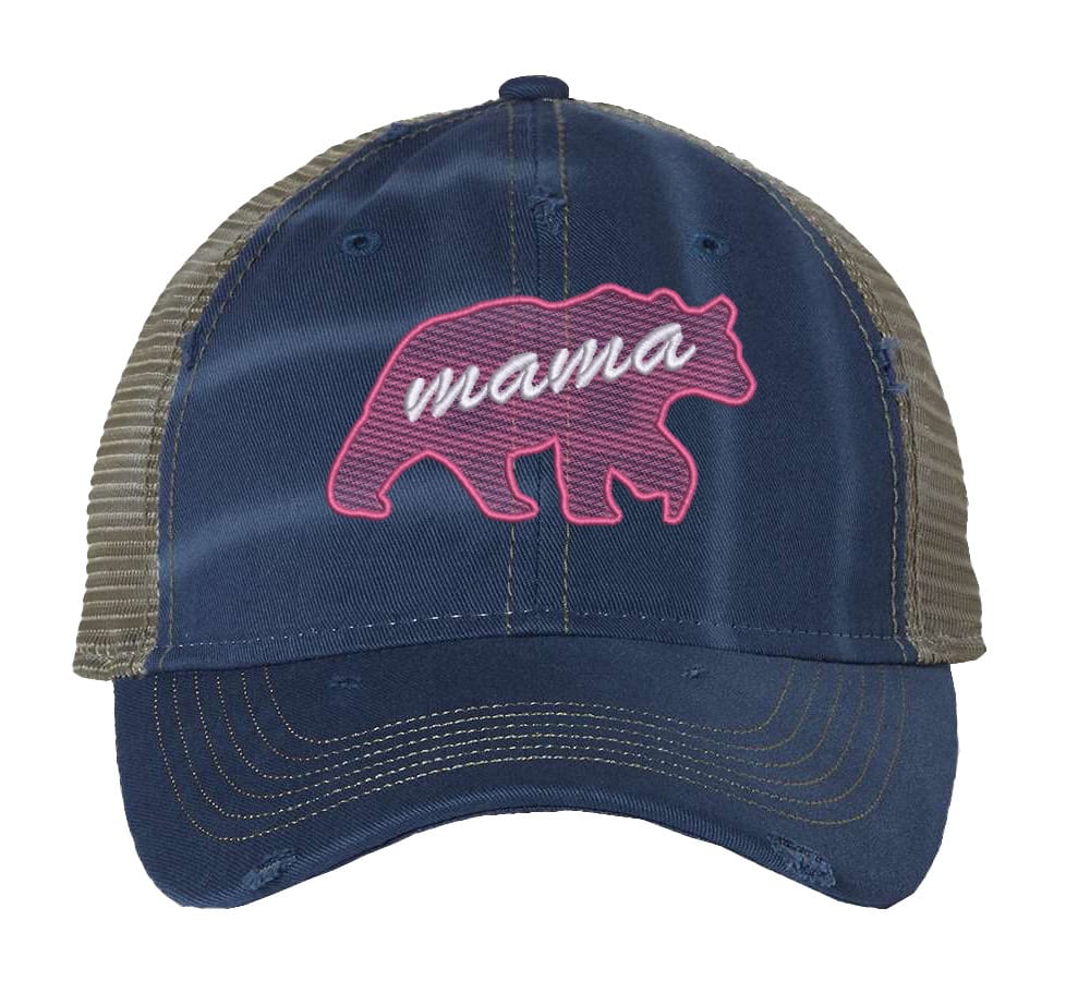mama bear trucker hat with mesh back and strapback featuring embroidered bear and "Mama" design, perfect gift for Mother’s Day.