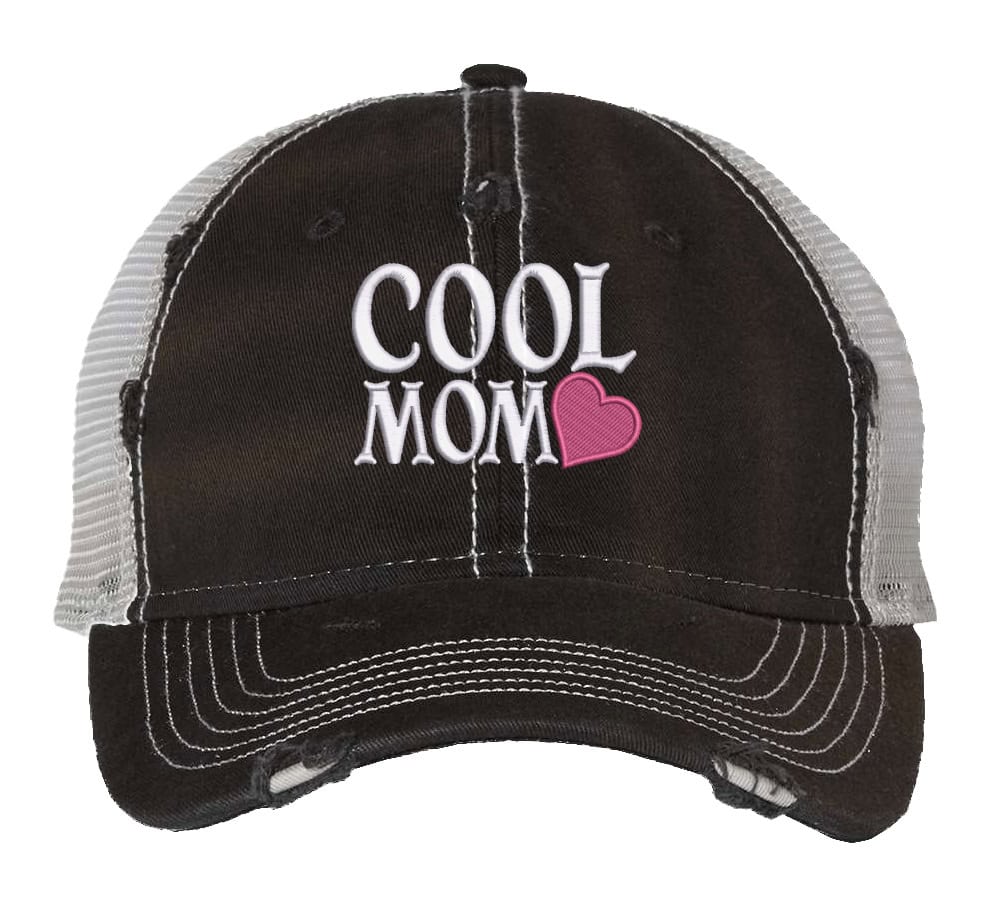 Cool Mom Hat – Embroidered Distressed Trucker Hat with Heart Design 5 Distressed trucker hat with adjustable strapback featuring embroidered "Cool Mom" and heart design, perfect gift for Mother’s Day.