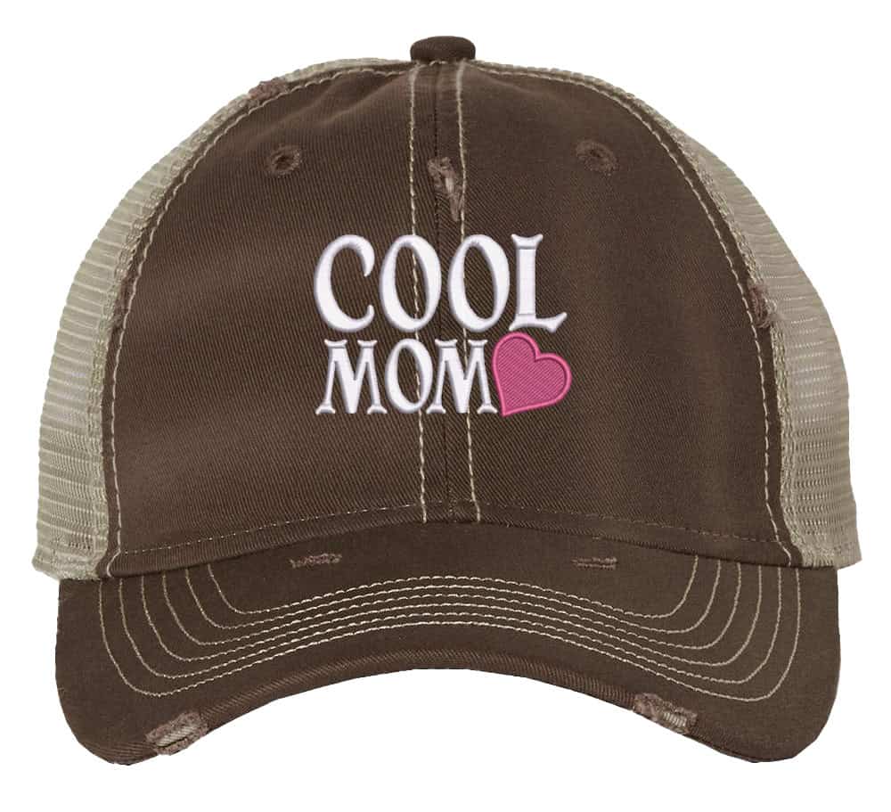 Cool Mom Hat – Embroidered Distressed Trucker Hat with Heart Design 2 Distressed trucker hat with adjustable strapback featuring embroidered "Cool Mom" and heart design, perfect gift for Mother’s Day.