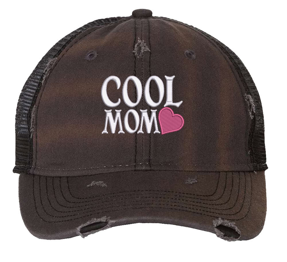 Cool Mom Hat – Embroidered Distressed Trucker Hat with Heart Design 6 Distressed trucker hat with adjustable strapback featuring embroidered "Cool Mom" and heart design, perfect gift for Mother’s Day.