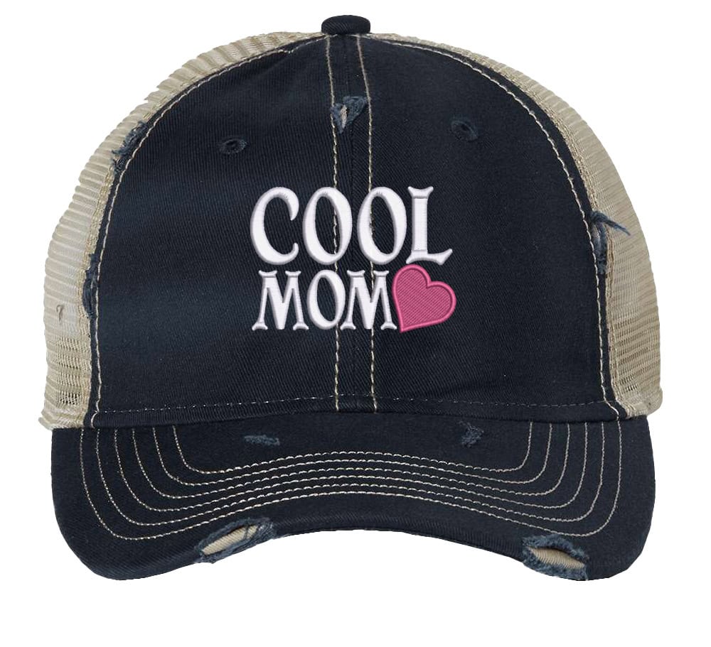 Cool Mom Hat – Embroidered Distressed Trucker Hat with Heart Design 1 Cool Mom Hat Distressed trucker hat with adjustable strapback featuring embroidered "Cool Mom" and heart design, perfect gift for Mother’s Day.