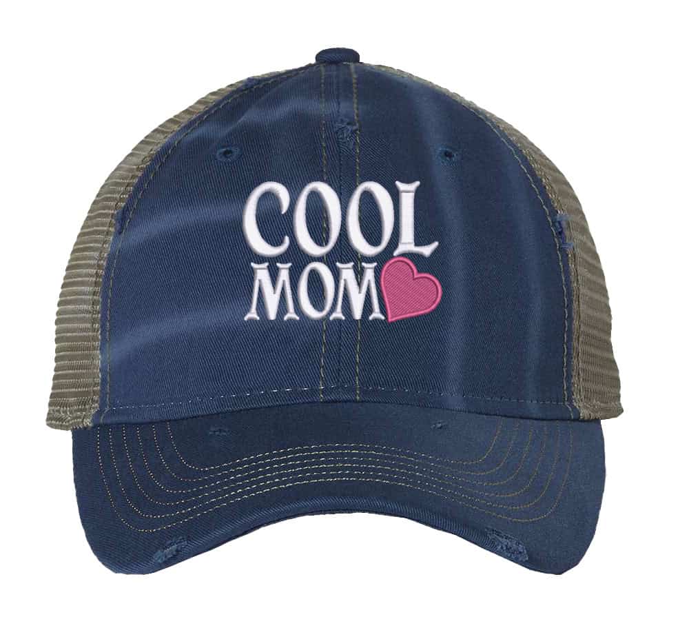 Cool Mom Hat – Embroidered Distressed Trucker Hat with Heart Design 3 Distressed trucker hat with adjustable strapback featuring embroidered "Cool Mom" and heart design, perfect gift for Mother’s Day.