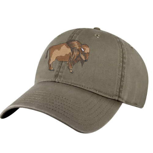 Wild bison embroidered on front of unstructured tan bison baseball hat with curved visor and adjustable strap