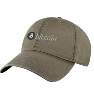 Bitcoin baseball cap featuring an embroidered BTC logo on the front, adjustable strap at the back, and a pre-curved visor.