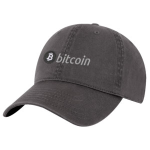 Bitcoin baseball cap featuring an embroidered BTC logo on the front, adjustable strap at the back, and a pre-curved visor.