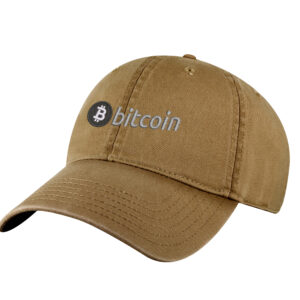 Bitcoin baseball cap featuring an embroidered BTC logo on the front, adjustable strap at the back, and a pre-curved visor.