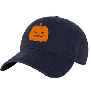 Mean pumpkin embroidery on black Halloween baseball cap – spooky fall hat