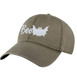 Embroidered halloween BOO hat with bat ghost design on black baseball cap