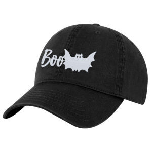 Embroidered halloween BOO hat with bat ghost design on black baseball cap