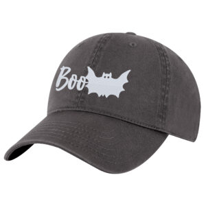 Embroidered halloween BOO hat with bat ghost design on black baseball cap
