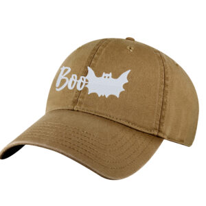 Embroidered halloween BOO hat with bat ghost design on black baseball cap