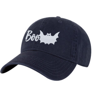Embroidered halloween BOO hat with bat ghost design on black baseball cap