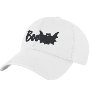 Embroidered halloween BOO hat with bat ghost design on black baseball cap