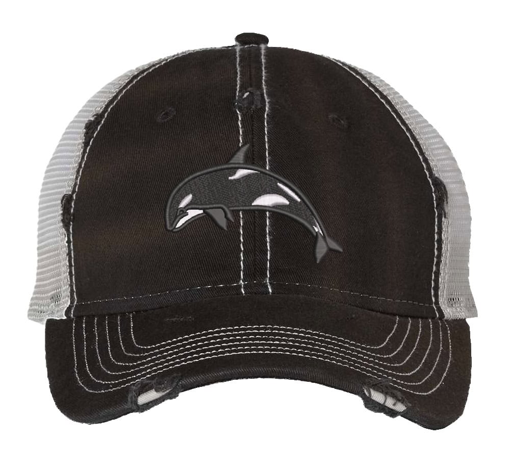 Orca Trucker Hat – Embroidered Killer Whale Cap, Distressed Shamu Mesh Hat 4 Distressed orca trucker hat with embroidered killer whale and mesh back