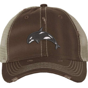 Distressed orca trucker hat with embroidered killer whale and mesh back
