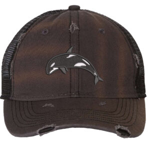 Distressed orca trucker hat with embroidered killer whale and mesh back