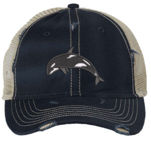 Distressed orca trucker hat with embroidered killer whale and mesh back