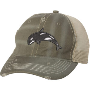 Distressed orca trucker hat with embroidered killer whale and mesh back