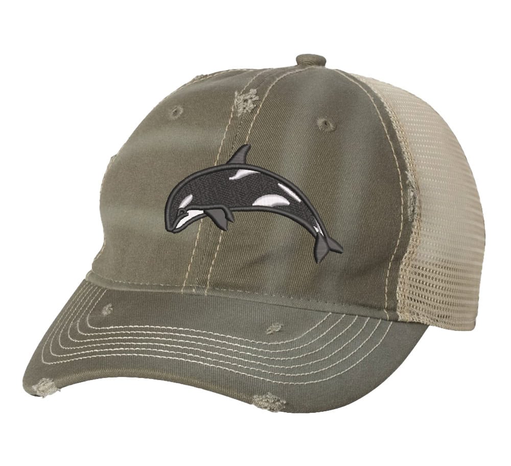 Orca Trucker Hat – Embroidered Killer Whale Cap, Distressed Shamu Mesh Hat 1 Distressed orca trucker hat with embroidered killer whale and mesh back