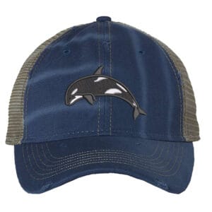 Distressed orca trucker hat with embroidered killer whale and mesh back