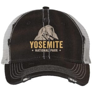 Distressed Yosemite trucker hat with embroidered mountain and mesh back