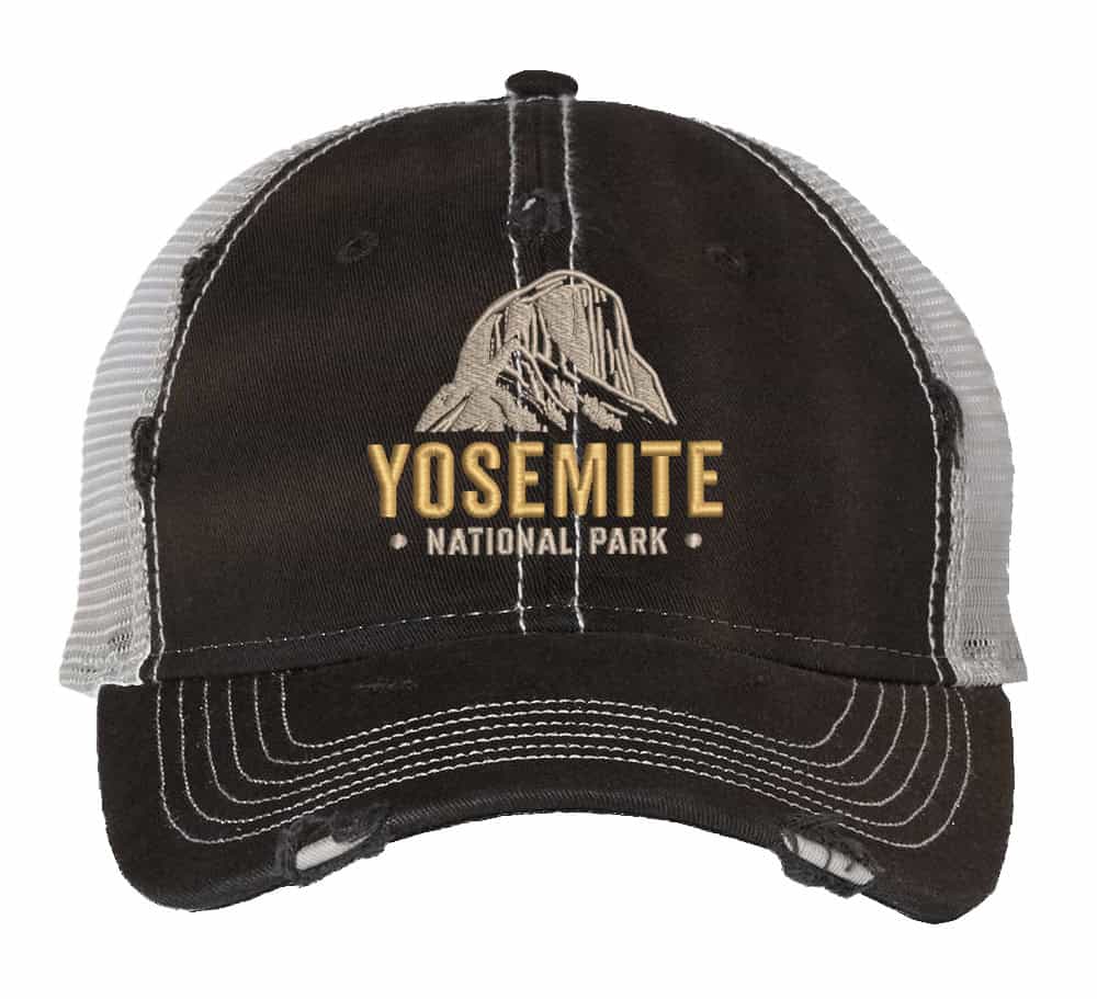 Distressed Yosemite trucker hat with embroidered mountain and mesh back