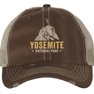 Distressed Yosemite trucker hat with embroidered mountain and mesh back