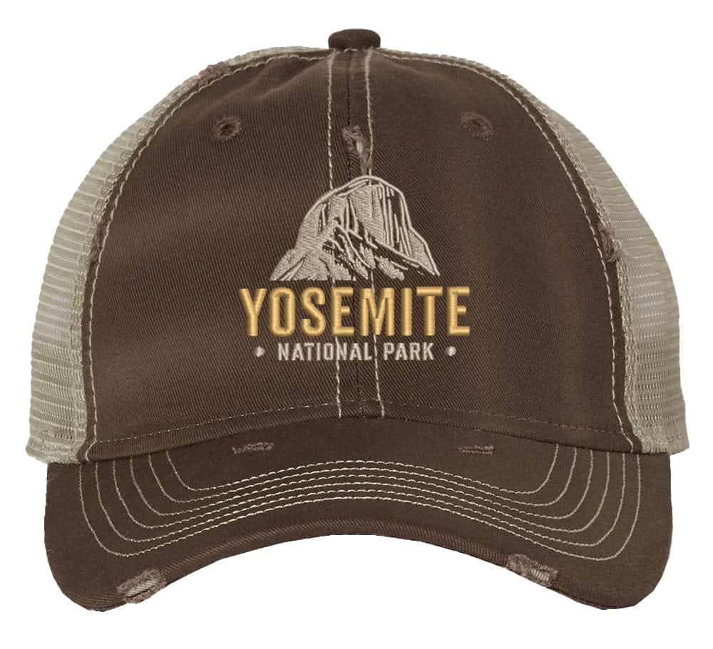 Distressed Yosemite trucker hat with embroidered mountain and mesh back