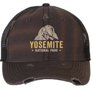 Distressed Yosemite trucker hat with embroidered mountain and mesh back