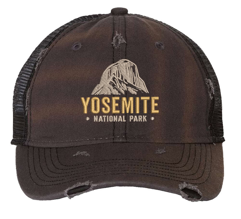 Distressed Yosemite trucker hat with embroidered mountain and mesh back