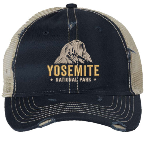 Distressed Yosemite trucker hat with embroidered mountain and mesh back