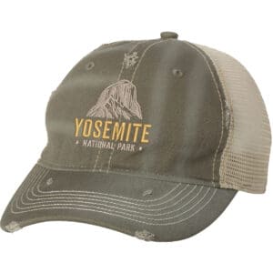 Distressed Yosemite trucker hat with embroidered mountain and mesh back