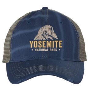 Distressed Yosemite trucker hat with embroidered mountain and mesh back