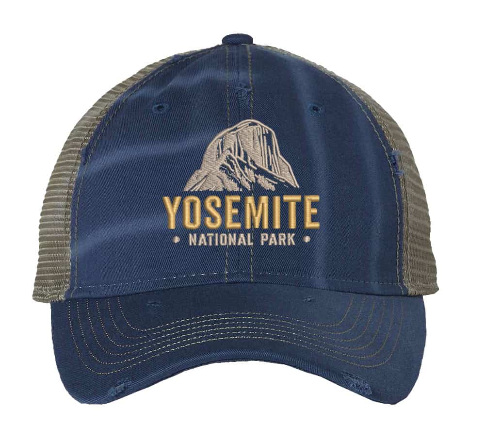 Distressed Yosemite trucker hat with embroidered mountain and mesh back