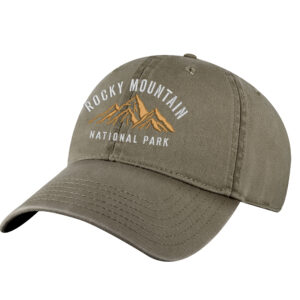 Cotton Rocky Mountain National Park hat with embroidered mountains and adjustable strapback.