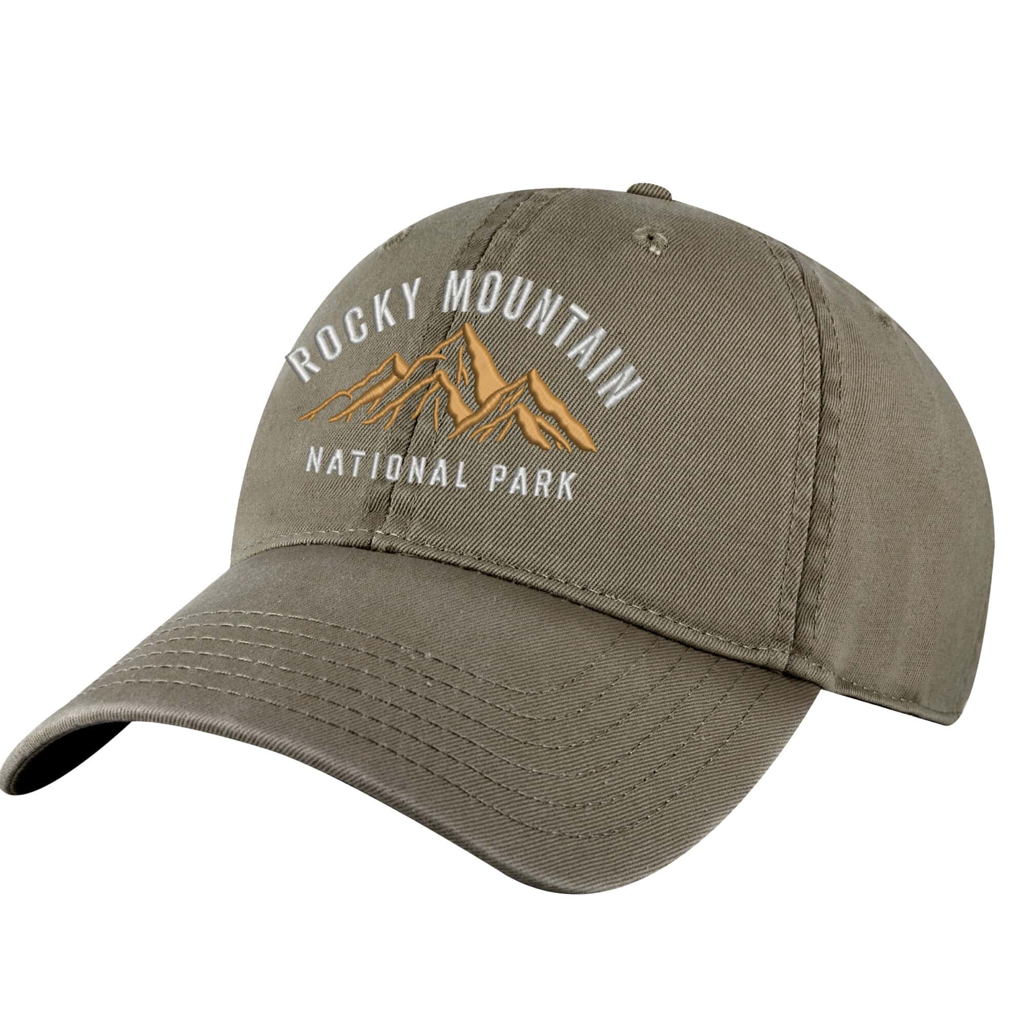 Rocky Mountain National Park Hat – Embroidered Cotton Dad Cap 1 Cotton Rocky Mountain National Park hat with embroidered mountains and adjustable strapback.