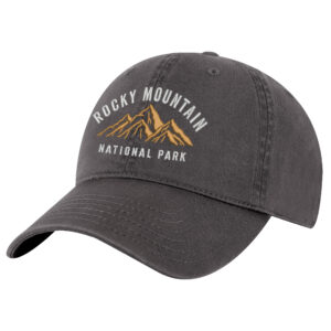 Cotton Rocky Mountain National Park hat with embroidered mountains and adjustable strapback.