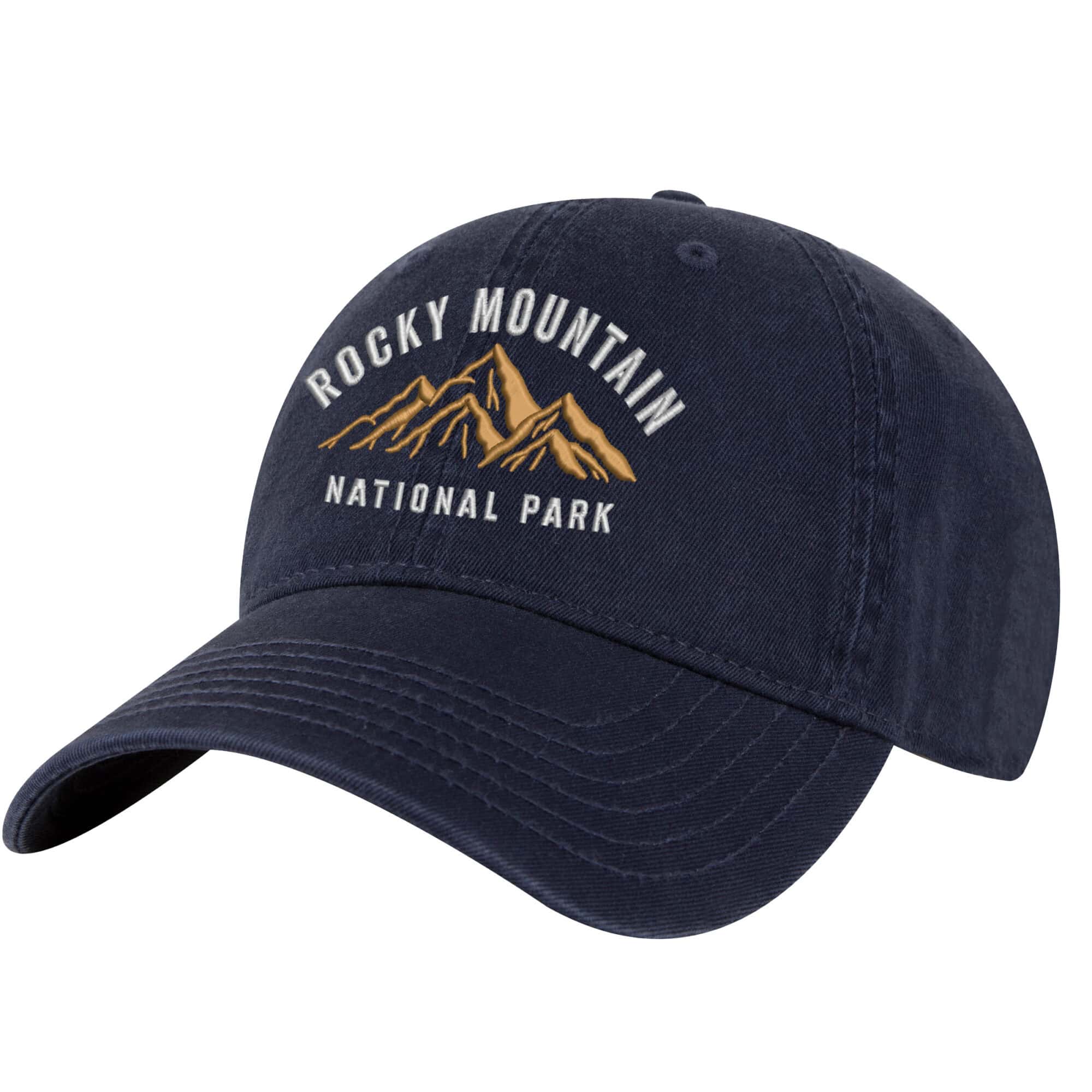 Rocky Mountain National Park Hat – Embroidered Cotton Dad Cap 6 Cotton Rocky Mountain National Park hat with embroidered mountains and adjustable strapback.