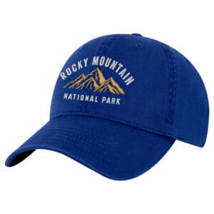 Cotton Rocky Mountain National Park hat with embroidered mountains and adjustable strapback.