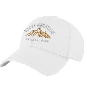 Cotton Rocky Mountain National Park hat with embroidered mountains and adjustable strapback.