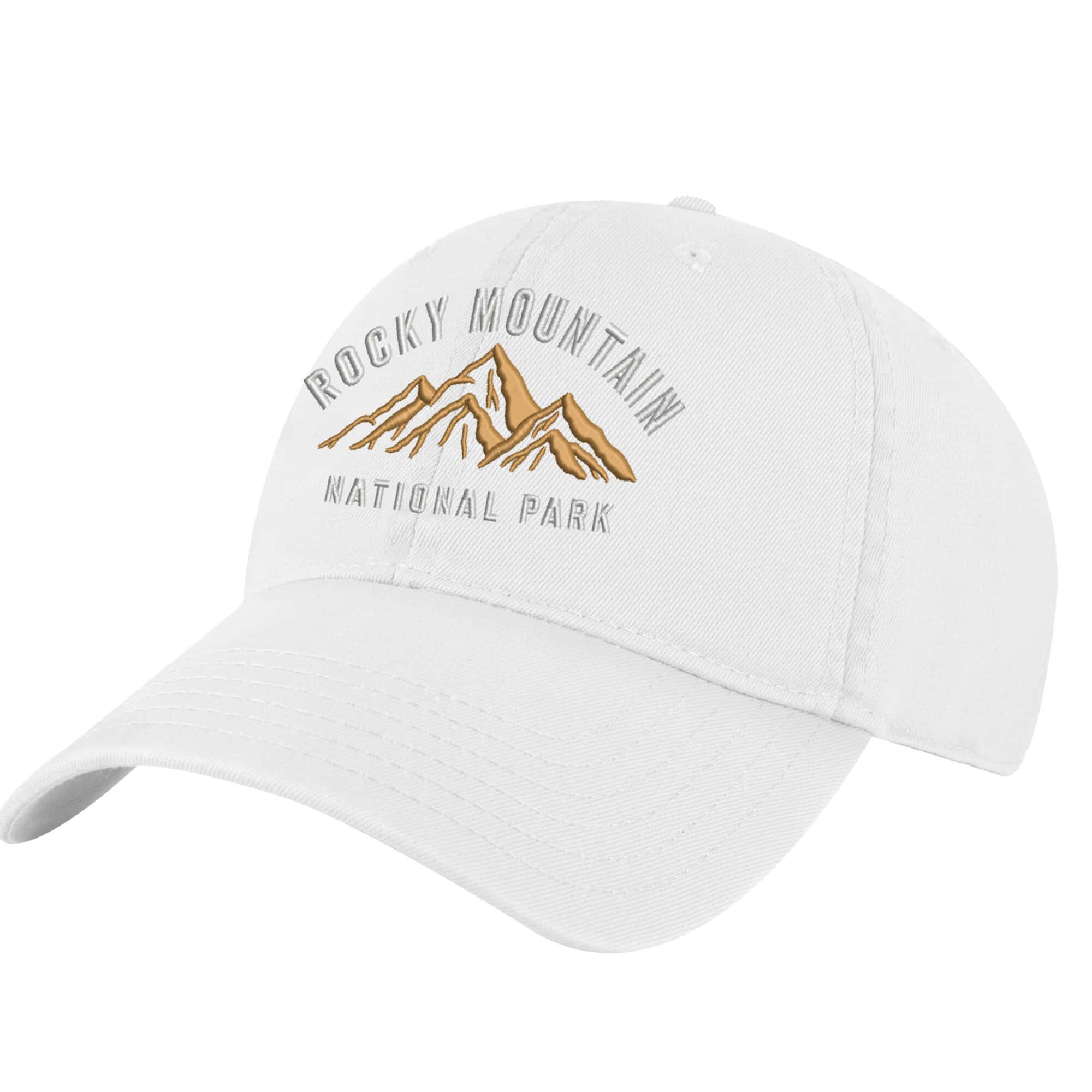 Rocky Mountain National Park Hat – Embroidered Cotton Dad Cap 2 Cotton Rocky Mountain National Park hat with embroidered mountains and adjustable strapback.