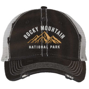 Distressed Rocky Mountain National Park trucker hat with mesh back, strapback, and mountain embroidery.