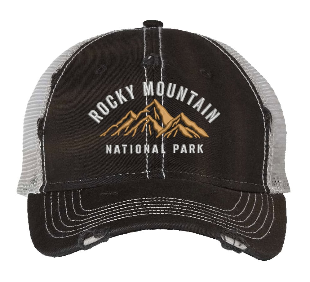 Distressed Rocky Mountain National Park trucker hat with mesh back, strapback, and mountain embroidery.