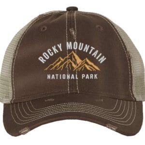 Distressed Rocky Mountain National Park trucker hat with mesh back, strapback, and mountain embroidery.