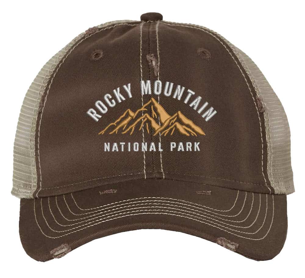 Distressed Rocky Mountain National Park trucker hat with mesh back, strapback, and mountain embroidery.