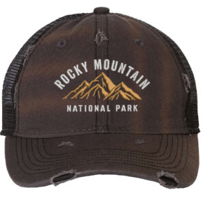 Distressed Rocky Mountain National Park trucker hat with mesh back, strapback, and mountain embroidery.